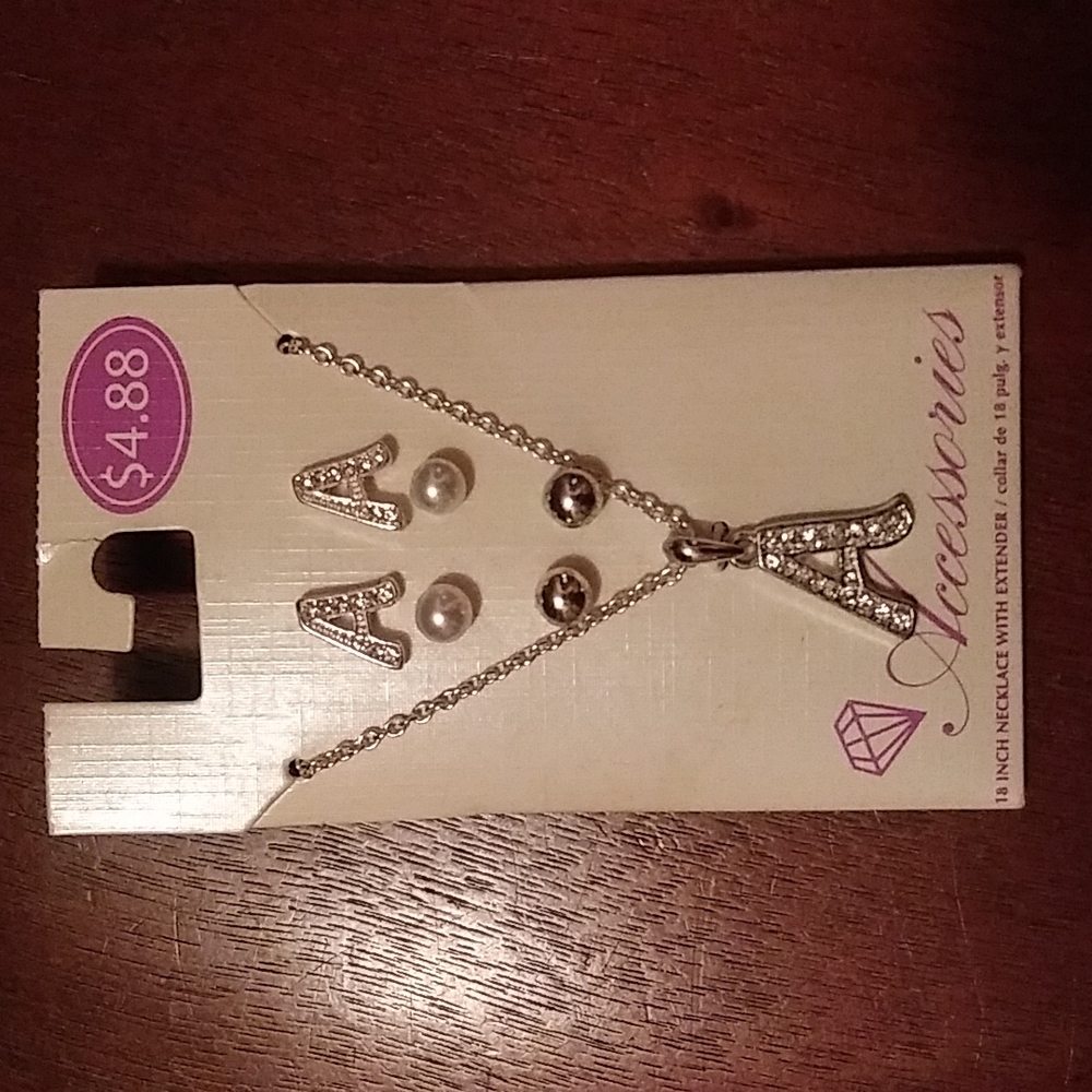 Letter A necklace and three piece earring set